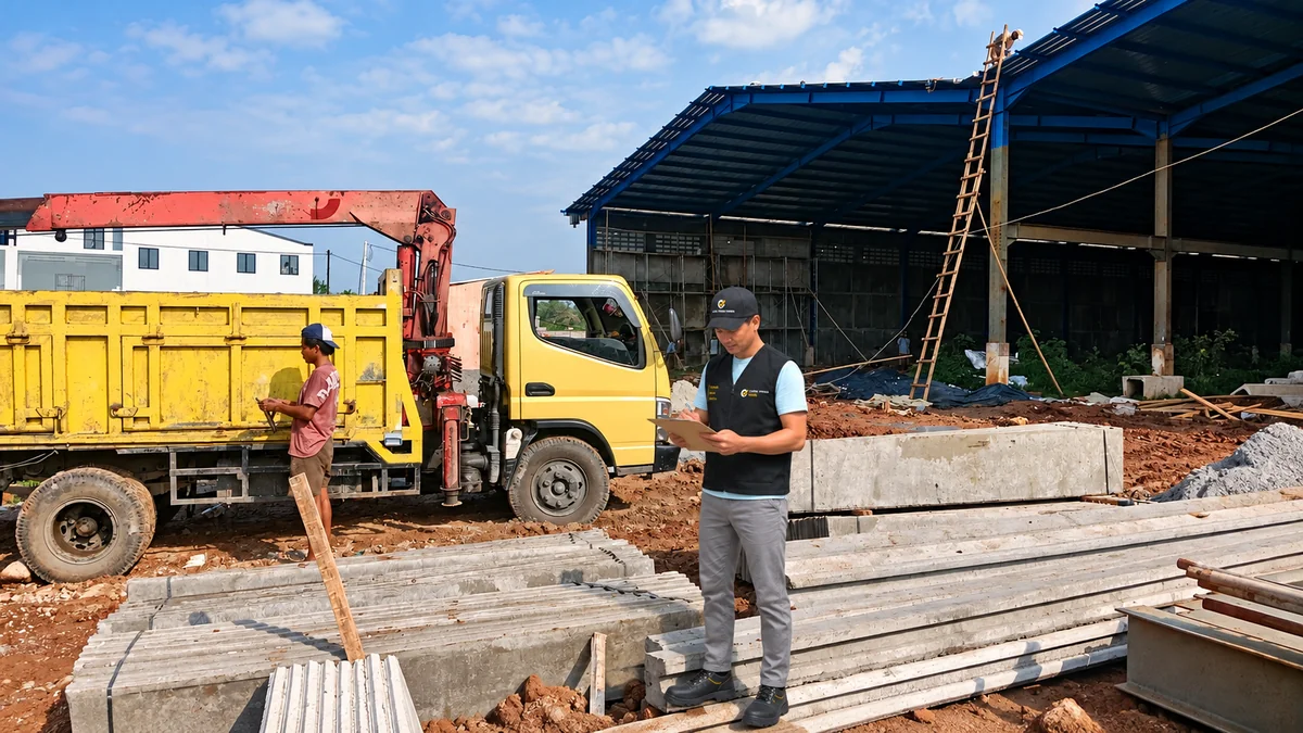Petugas memeriksa panel beton di dekat truk